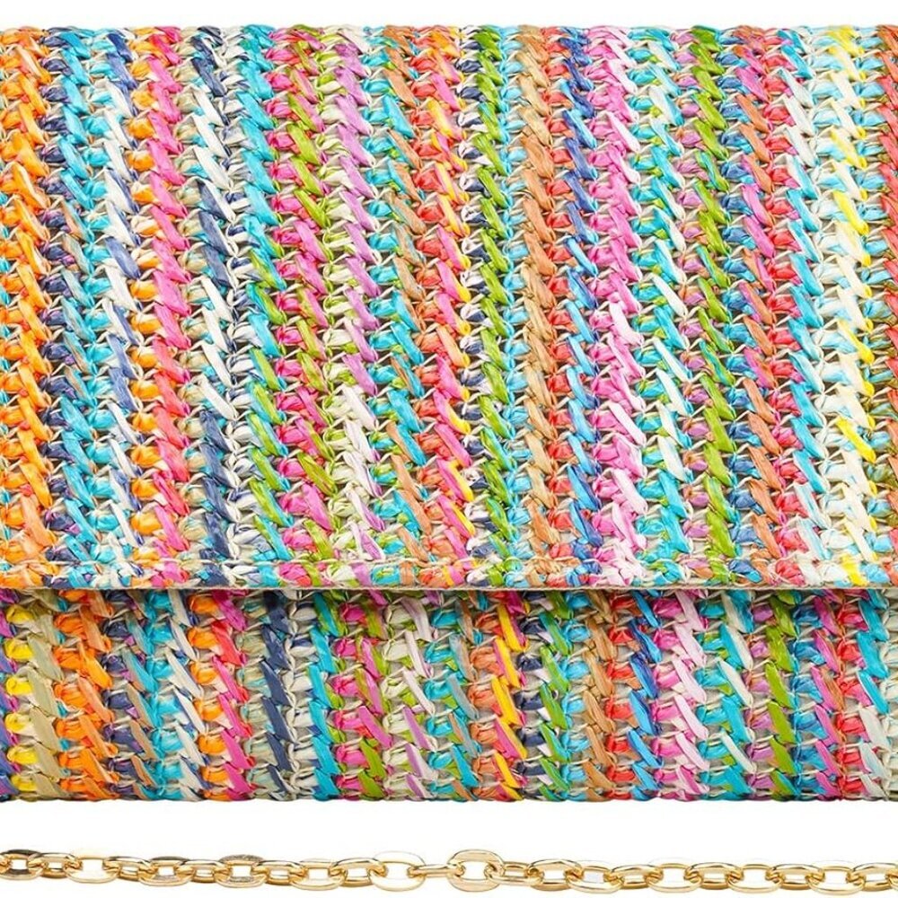 Straw Shoulder Crossbody Bag, Chain Evening Purse Envelope Clutch Handbag Summer